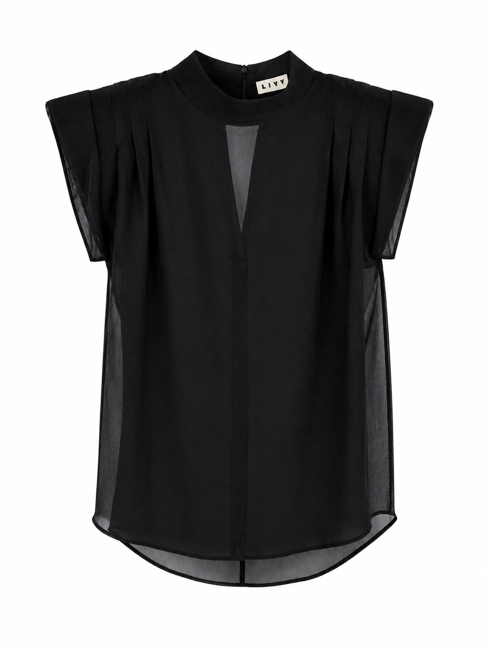 Livy 100% Silk Sheer Mock Neck Blouse Black Built-In Shoulder Pads S